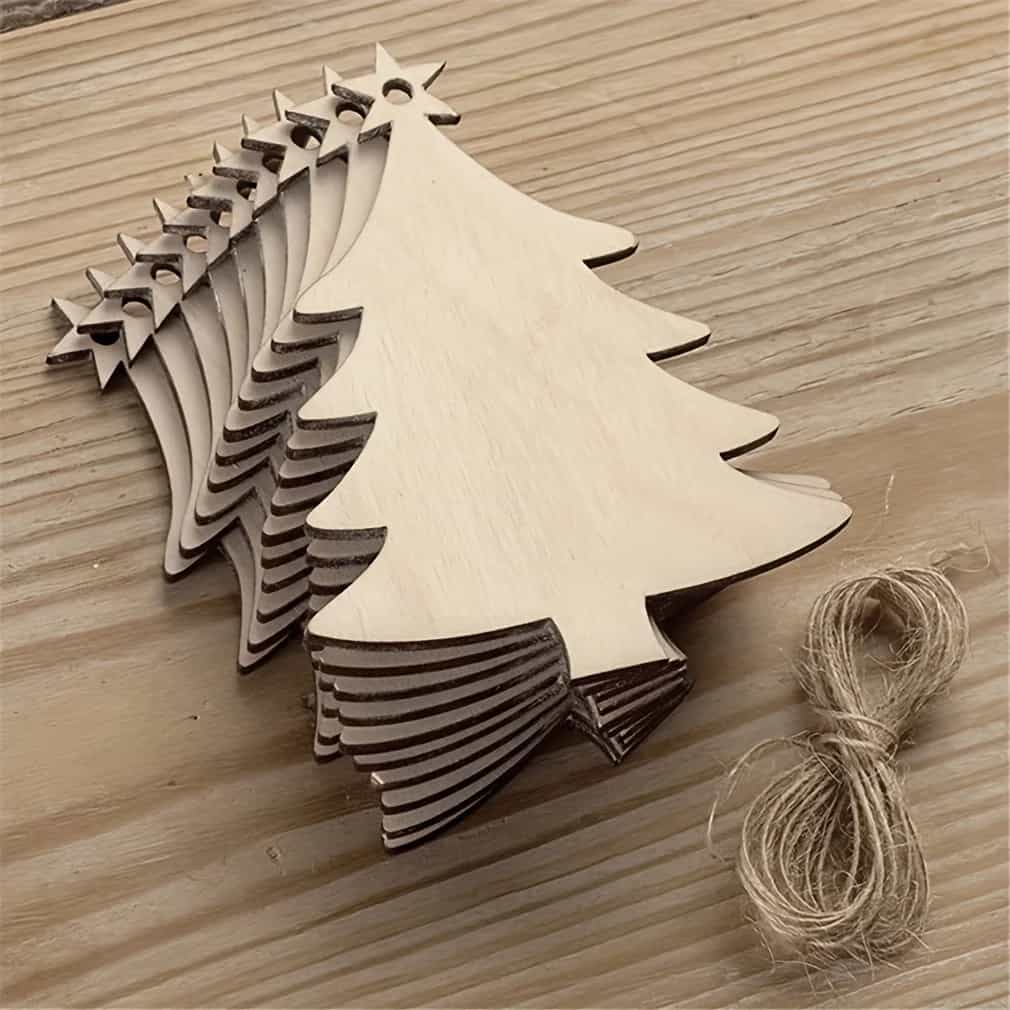 Unfinished Wooden Christmas Tree Hanging Ornaments, 10 Pcs