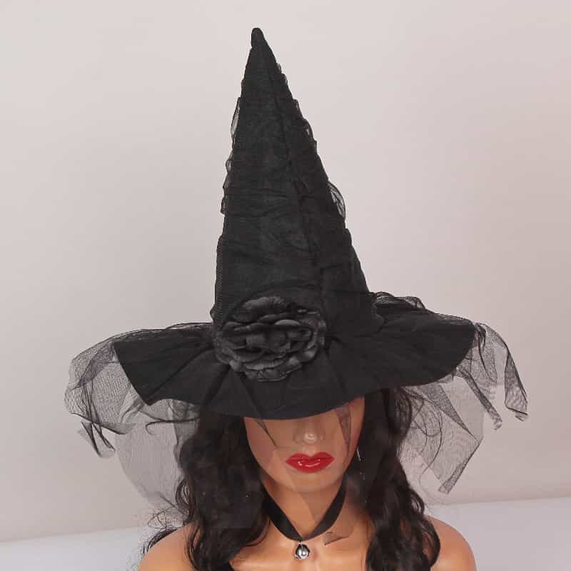 Black Flower Witch Hat for Halloween Parties, Free Size