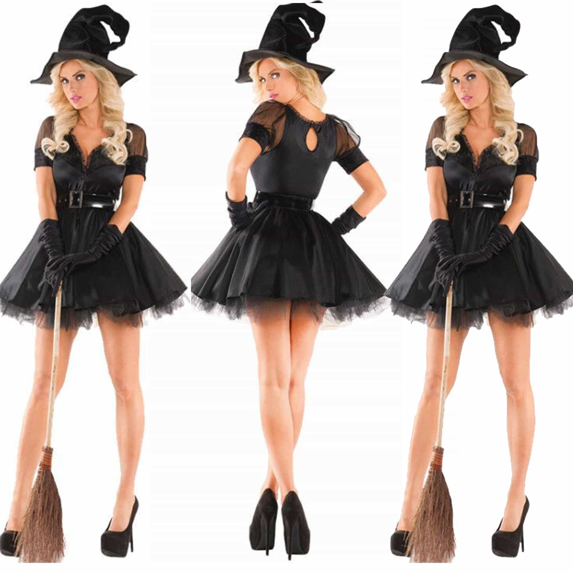 Black Lace Witch Costume Set with Hat, Belt and Gloves