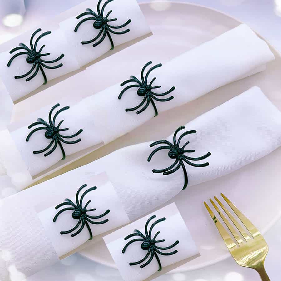 Black Spider Napkin Rings, Set of 6 - Metal Halloween Table Decor