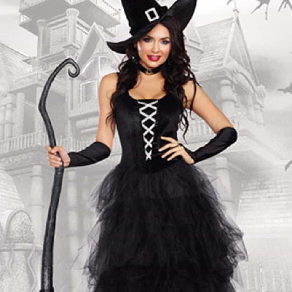 Women's Black Witch Costume Set with Hat and Bracelet, Size M