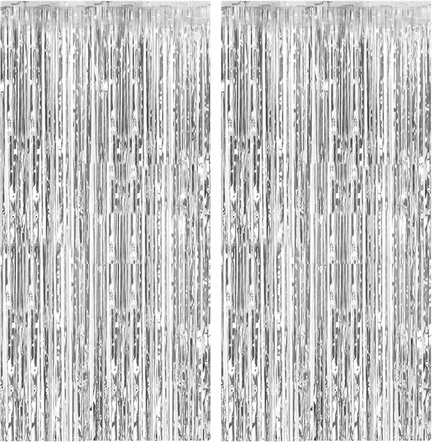 Silver Metallic Tinsel Foil Fringe Curtain Backdrop, 2 Pack