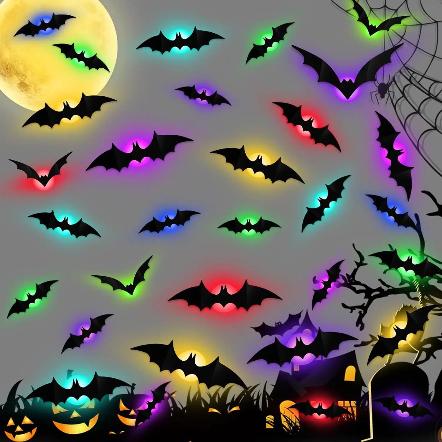 3D LED Flashing Bat Wall Decals, Glow in the Dark, 12-Piece Set