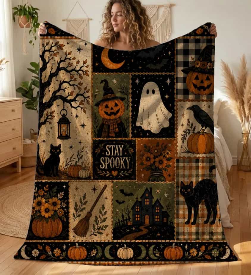 Stay Spooky Halloween Patchwork Flannel Throw Blanket