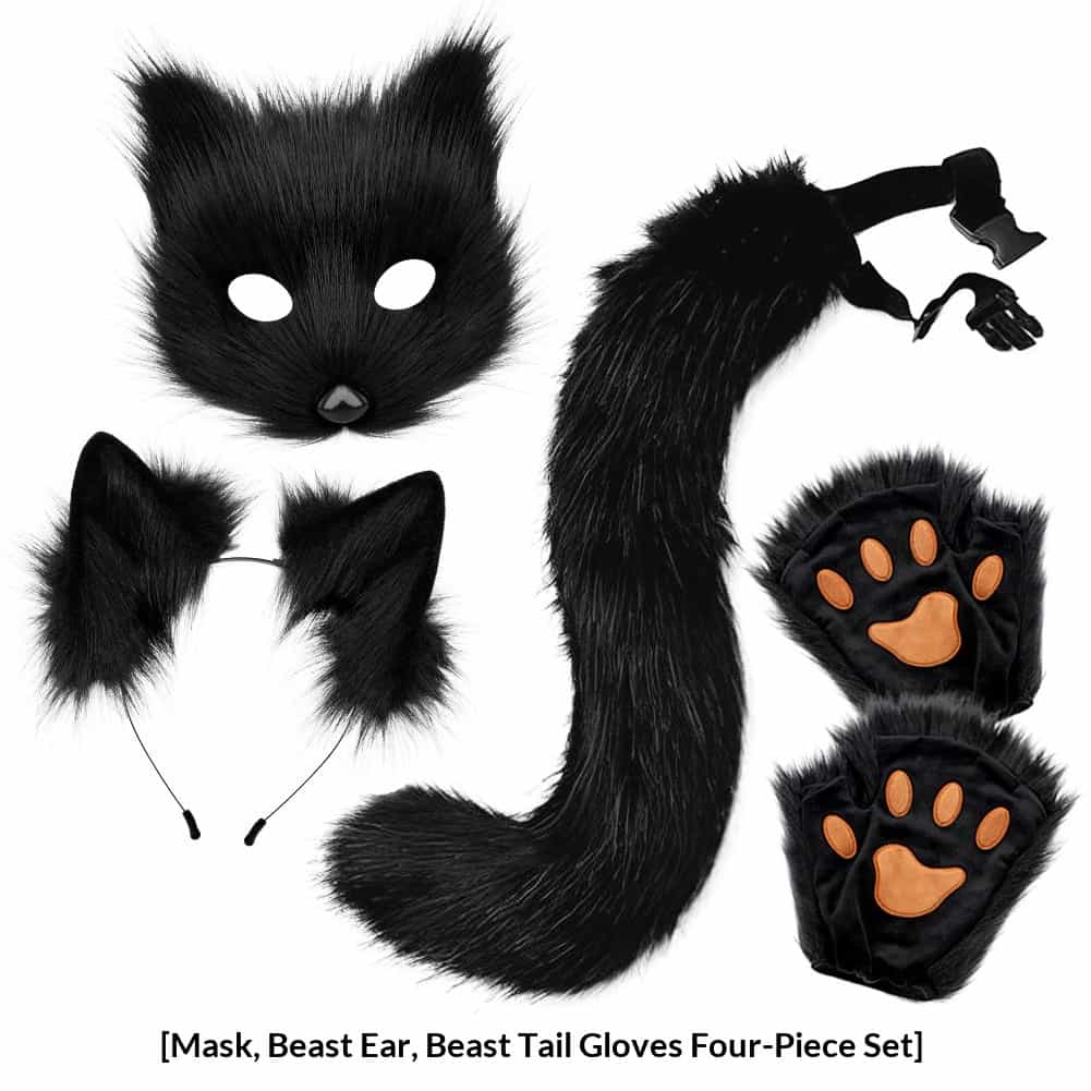 Halloween Plush Fox Mask Cosplay Set with Gloves and Tail