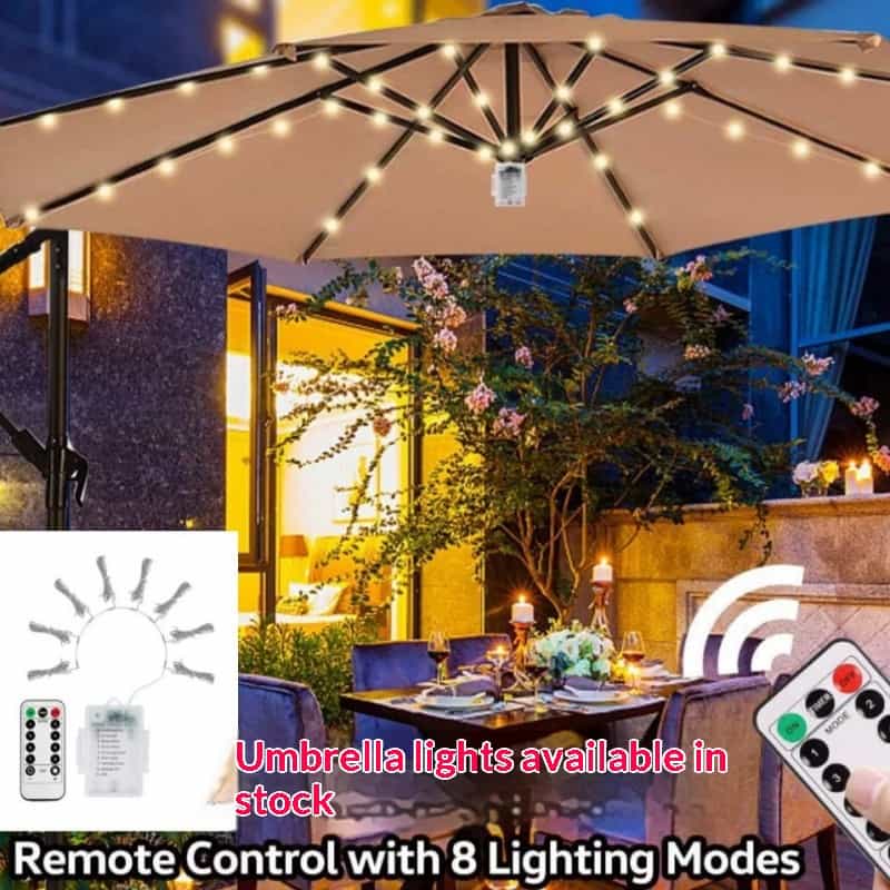 Solar Patio Umbrella String Lights, White, Remote, IP67